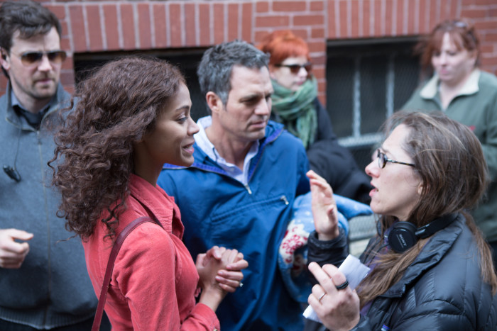 Maya Forbes on set with Zoe Saldana and Mark Ruffalo